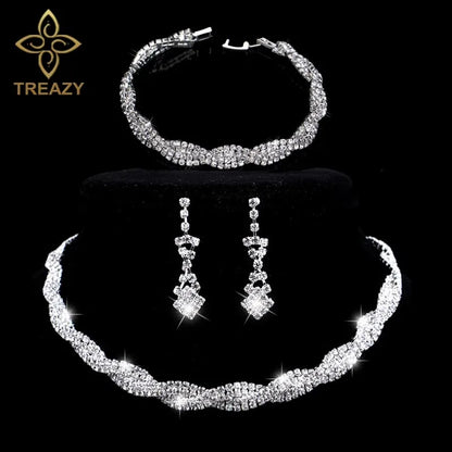 TREAZY Silver Color Rhinestone Crystal Bridal Jewelry Sets for Women Necklace Earrings Bracelet Set Wedding Jewelry Accessories style 4 Clear