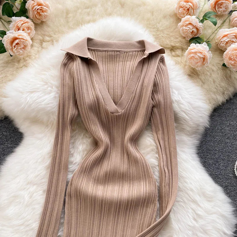 SINGREINY Women Korean Knitted Dress Long Sleeve V Neck Elastic Slim Pencil Dresses 2021 Autumn Sexy Bodycon Split Sweater Dress
