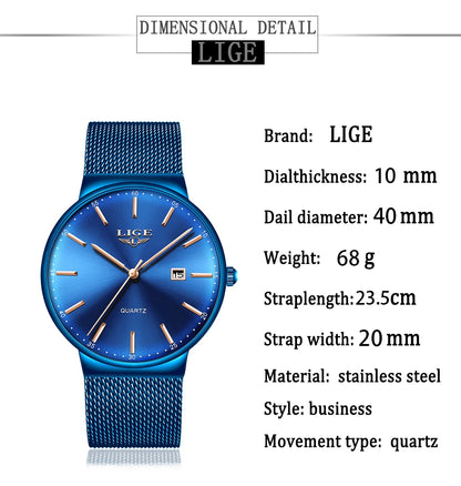 LIGE Fashion Luxury Womens Watch Ultra-thin Steel Mesh Strap Quartz Wristwatch Women Clock Casual Waterproof Watches Reloj Mujer