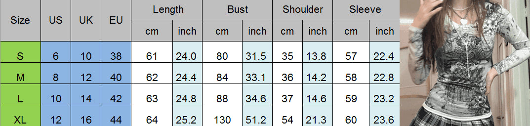 Women Long Sleeve Tops Gothic Graphic Print T-shirt Spring Fall Slim Fit Tee Tops Casual Shirts Y2K Aesthetic Clothes