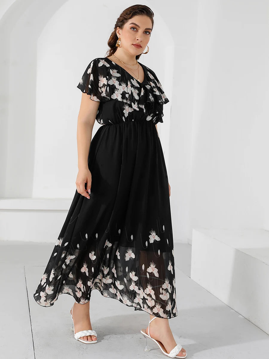 Plus Size Casual Women's Dresses 2024 Summer Ruffles V Neck Short Sleeve Floral Maxi Long Dress Black Chiffon Boho Beach Dresses