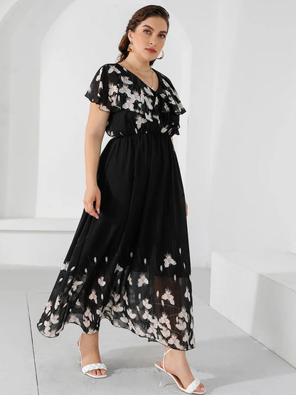 Plus Size Casual Women's Dresses 2024 Summer Ruffles V Neck Short Sleeve Floral Maxi Long Dress Black Chiffon Boho Beach Dresses