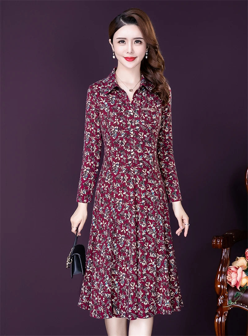 JiuMeiDai-Women's Elegant A-Line Polo Dress, Floral Print Robe, Vintage Designer Party Clothing, Office Lady, Autumn Badiee Stylez