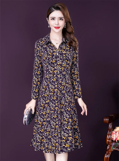 JiuMeiDai-Women's Elegant A-Line Polo Dress, Floral Print Robe, Vintage Designer Party Clothing, Office Lady, Autumn Badiee Stylez