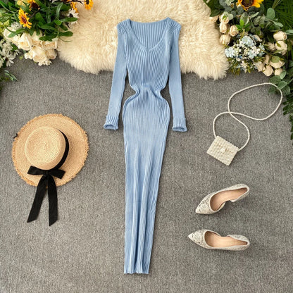 SINGRAIN Women Autumn Knitted Dress V Neck Sexy Slim Elastic Oversized Basic Bodycon Long Dress Winter knit Warm Sweater Dresses