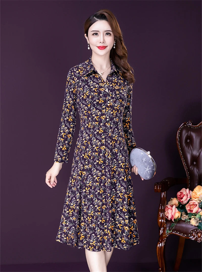 JiuMeiDai-Women's Elegant A-Line Polo Dress, Floral Print Robe, Vintage Designer Party Clothing, Office Lady, Autumn Badiee Stylez