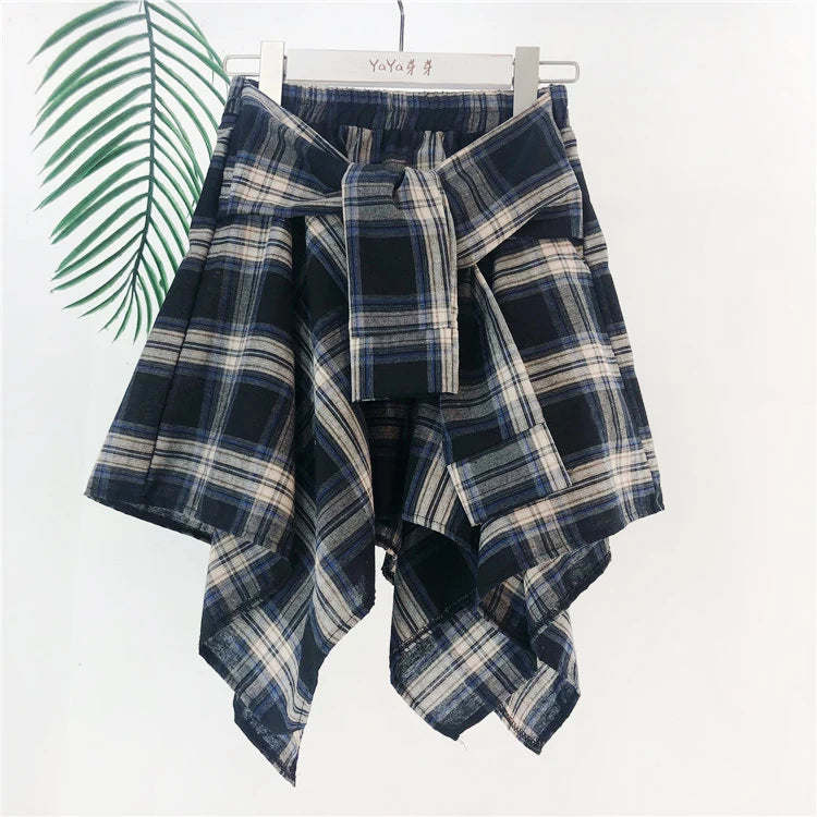 TOTRUST Fashion College Asymmetrical Skirt Women Summer Plaid Skirt Women Casual Students Fake Shirt Mini Skirt Female Saia
