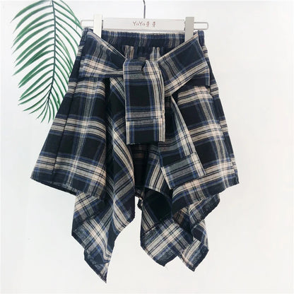 TOTRUST Fashion College Asymmetrical Skirt Women Summer Plaid Skirt Women Casual Students Fake Shirt Mini Skirt Female Saia