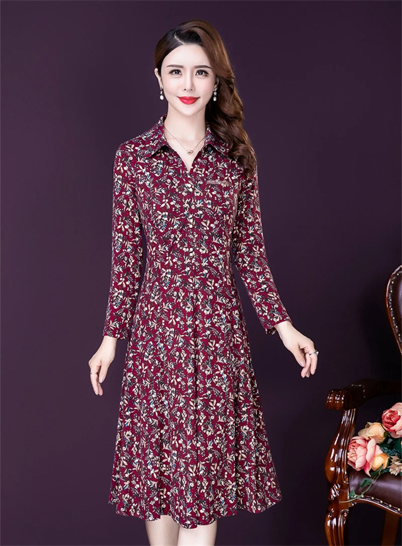 JiuMeiDai-Women's Elegant A-Line Polo Dress, Floral Print Robe, Vintage Designer Party Clothing, Office Lady, Autumn Badiee Stylez