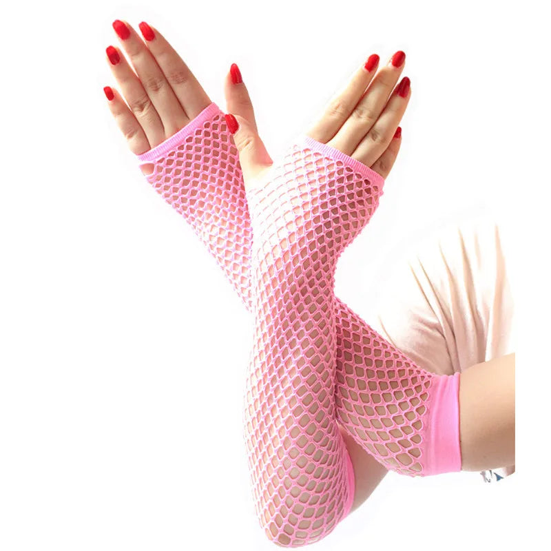 Women Fashion Neon Fishnet Fingerless Long Gloves Leg Arm Cuff Party Wear Fancy Dress for Womens Sexy Beautiful Arm Warmer Pink Length -26cm