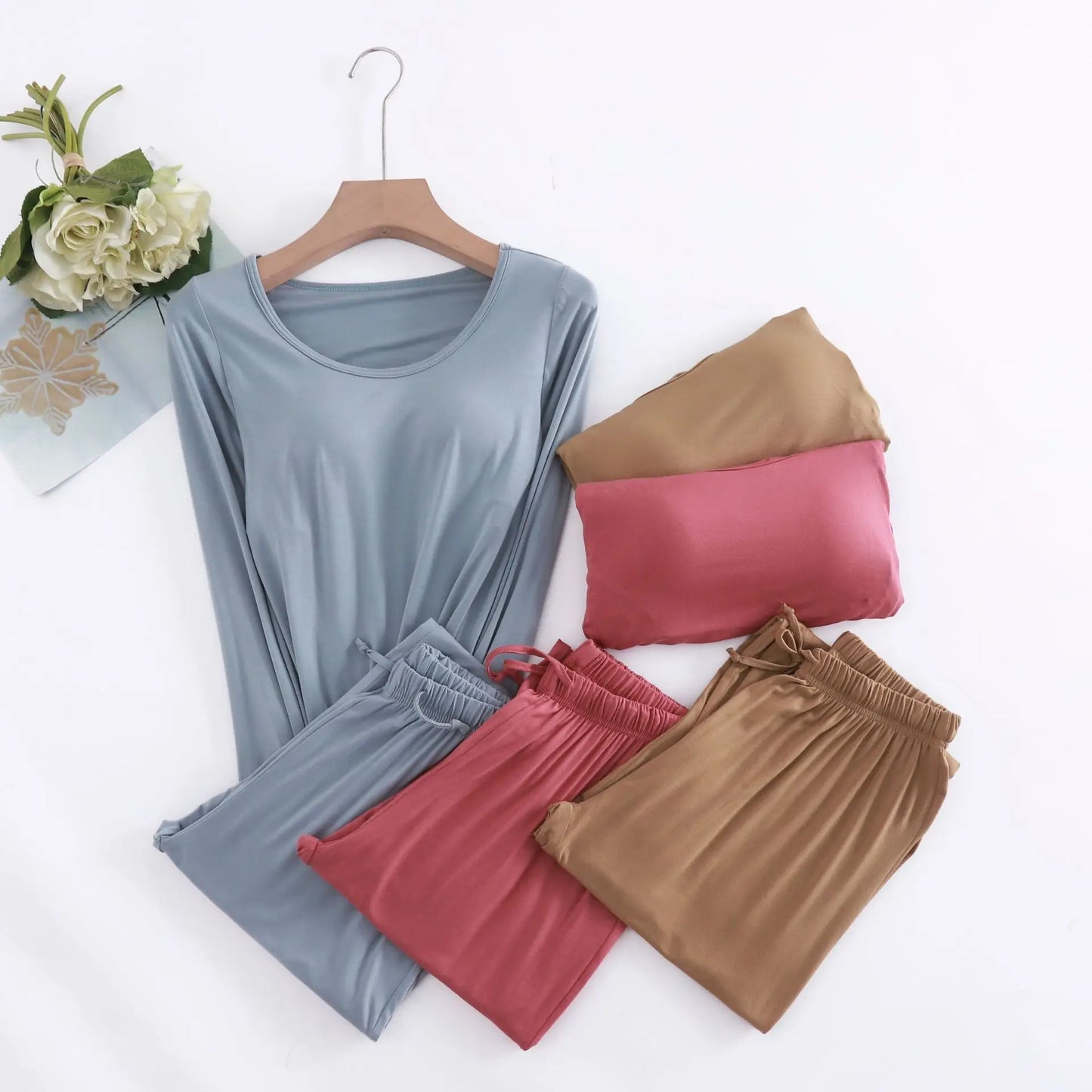 Pijama Feminino New Long Sleeve Trousers Set Modal Cotton Sleepwear Women Casual Bra Padded Winter Underwear Suit Female