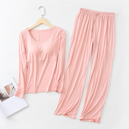 Pijama Feminino New Long Sleeve Trousers Set Modal Cotton Sleepwear Women Casual Bra Padded Winter Underwear Suit Female pink