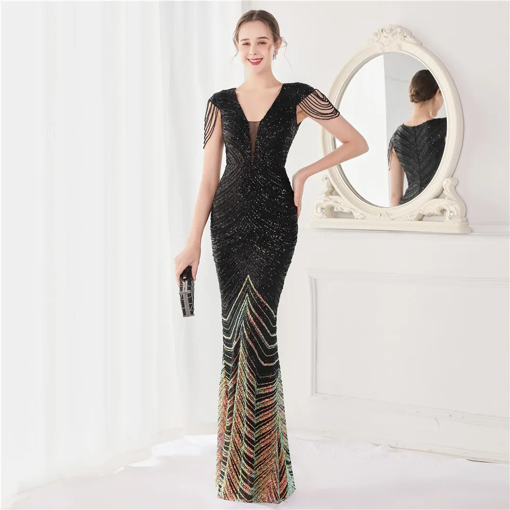 DEERVEADO Elegant V Neck Mermaid Evening Dress Long Luxury Beads Women Evening Party Dresses 2025 New Formal Dress 19085 Badiee Stylez