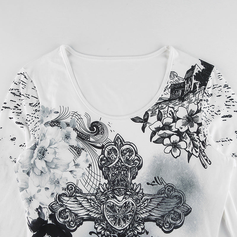 Women Long Sleeve Tops Gothic Graphic Print T-shirt Spring Fall Slim Fit Tee Tops Casual Shirts Y2K Aesthetic Clothes