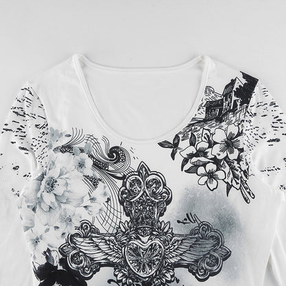 Women Long Sleeve Tops Gothic Graphic Print T-shirt Spring Fall Slim Fit Tee Tops Casual Shirts Y2K Aesthetic Clothes