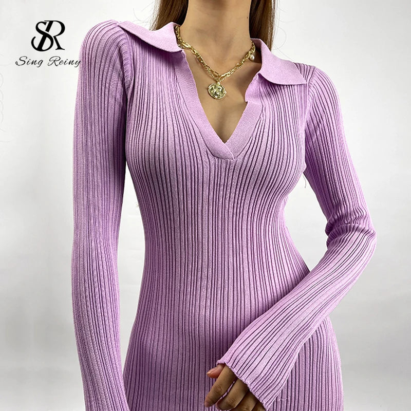 SINGREINY Women Korean Knitted Dress Long Sleeve V Neck Elastic Slim Pencil Dresses 2021 Autumn Sexy Bodycon Split Sweater Dress