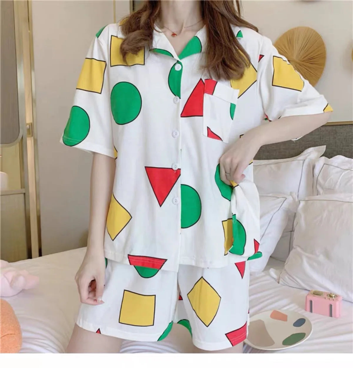 Summer Casual Couple Pajama Sets Lovely Cartoon Print Short Sleeve Sleepwear Pajamas Suit Daily Fashion Loose Homewear Nightgown