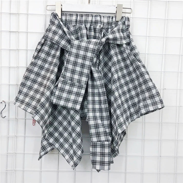 TOTRUST Fashion College Asymmetrical Skirt Women Summer Plaid Skirt Women Casual Students Fake Shirt Mini Skirt Female Saia