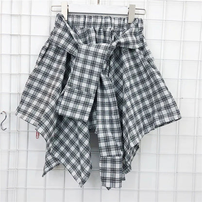 TOTRUST Fashion College Asymmetrical Skirt Women Summer Plaid Skirt Women Casual Students Fake Shirt Mini Skirt Female Saia