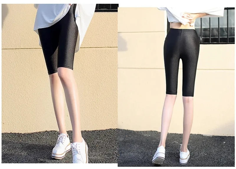 lady summer short pants women solid black shine breathable above knee short capris korean skinny neon pant