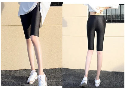 lady summer short pants women solid black shine breathable above knee short capris korean skinny neon pant