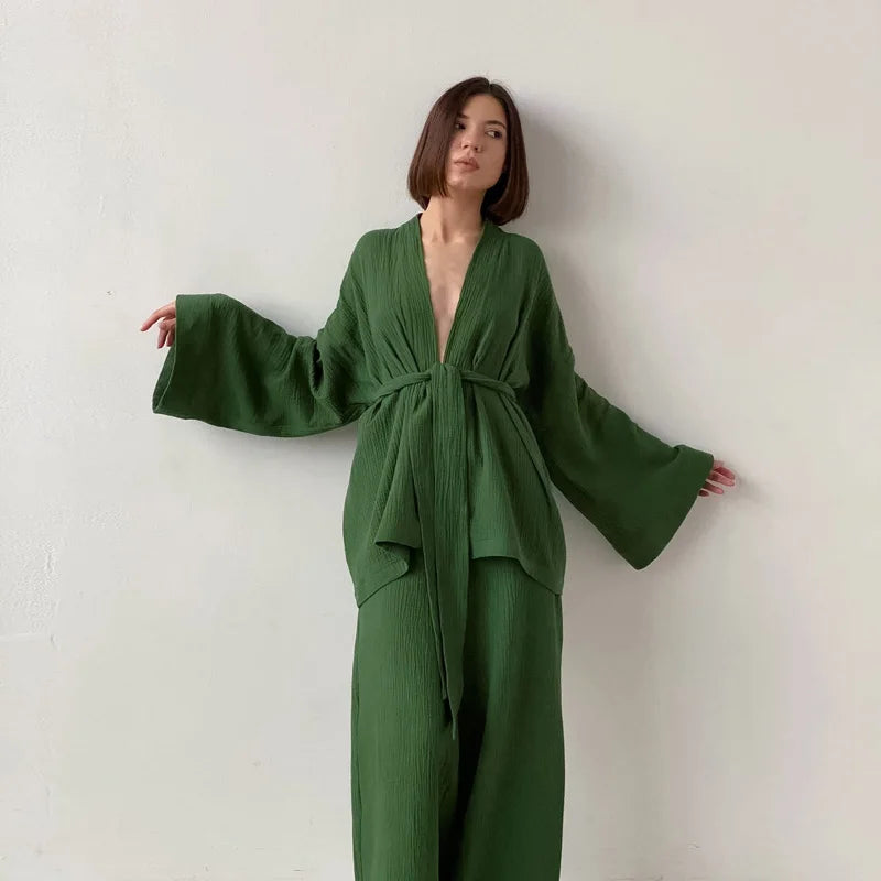 NHKDSASA Kimono Pajamas 2023 New 100% Cotton Crepe Long-Sleeved Trousers Ladies Sleepwear Suit Women's Home Service Mujer Green