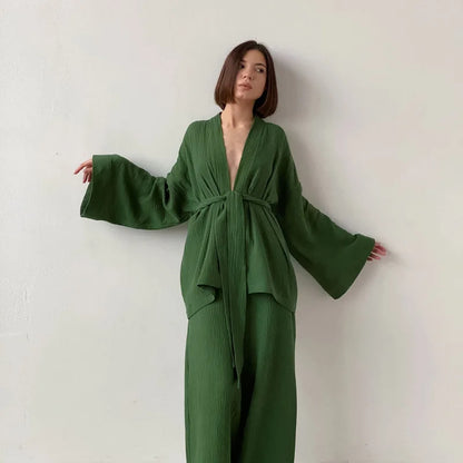 NHKDSASA Kimono Pajamas 2023 New 100% Cotton Crepe Long-Sleeved Trousers Ladies Sleepwear Suit Women's Home Service Mujer Green