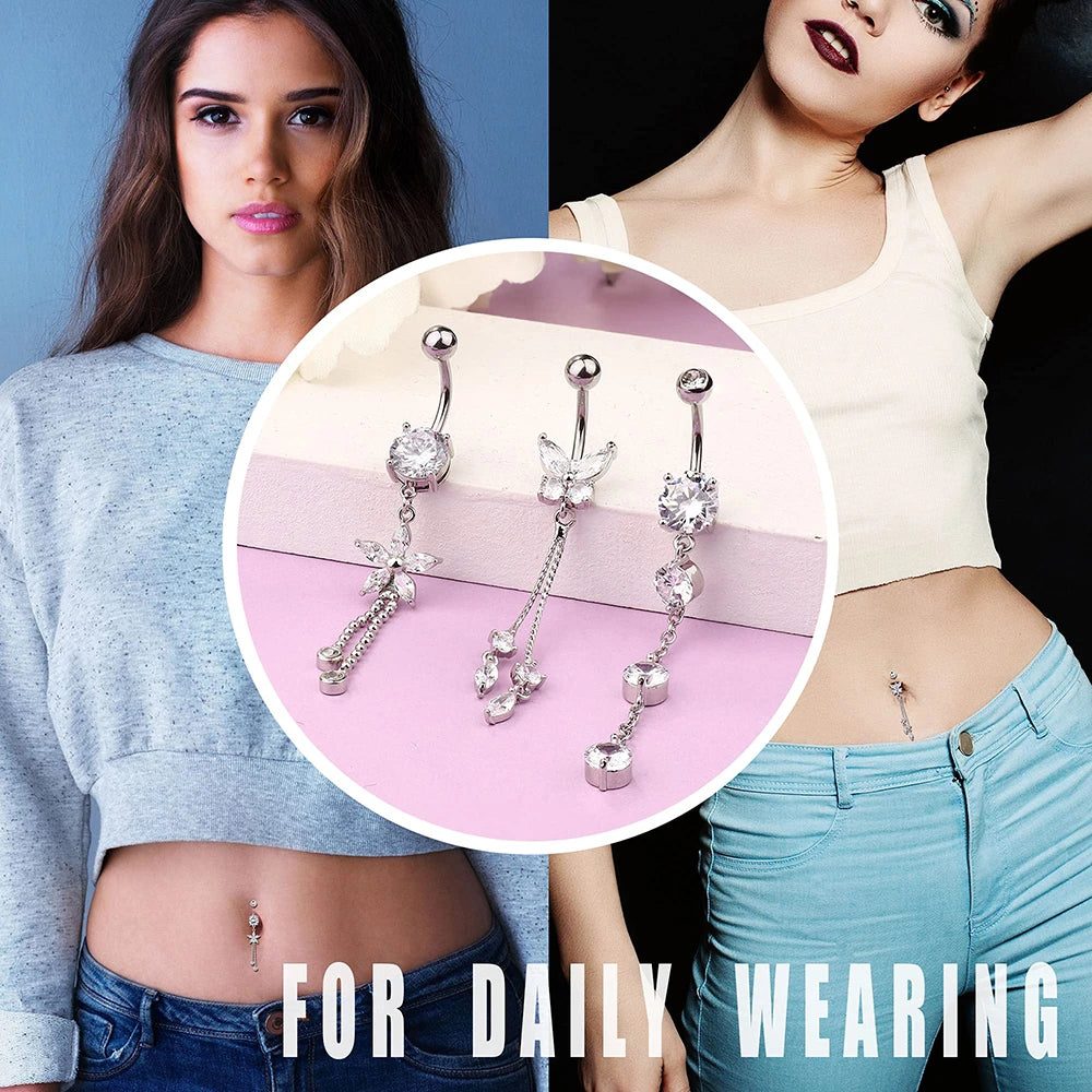Zircon Crystal Belly Button Ring Dangle Wing Piercing Nombril Ombligo Surgical Steel Barbell Heart Round Navel Stud Body Jewelry