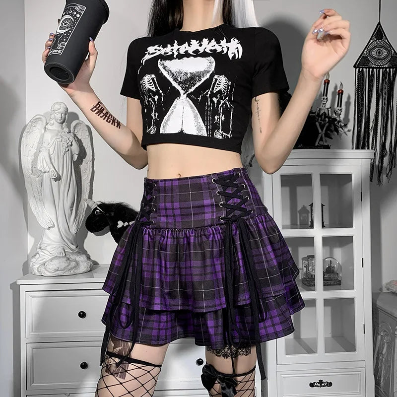Black Checkered Women's Gothic Skirt Women Pleated Plaid Skirts Spring Autumn Girl Hip Hop Female Punk Goth Mini Skirt Clubwear