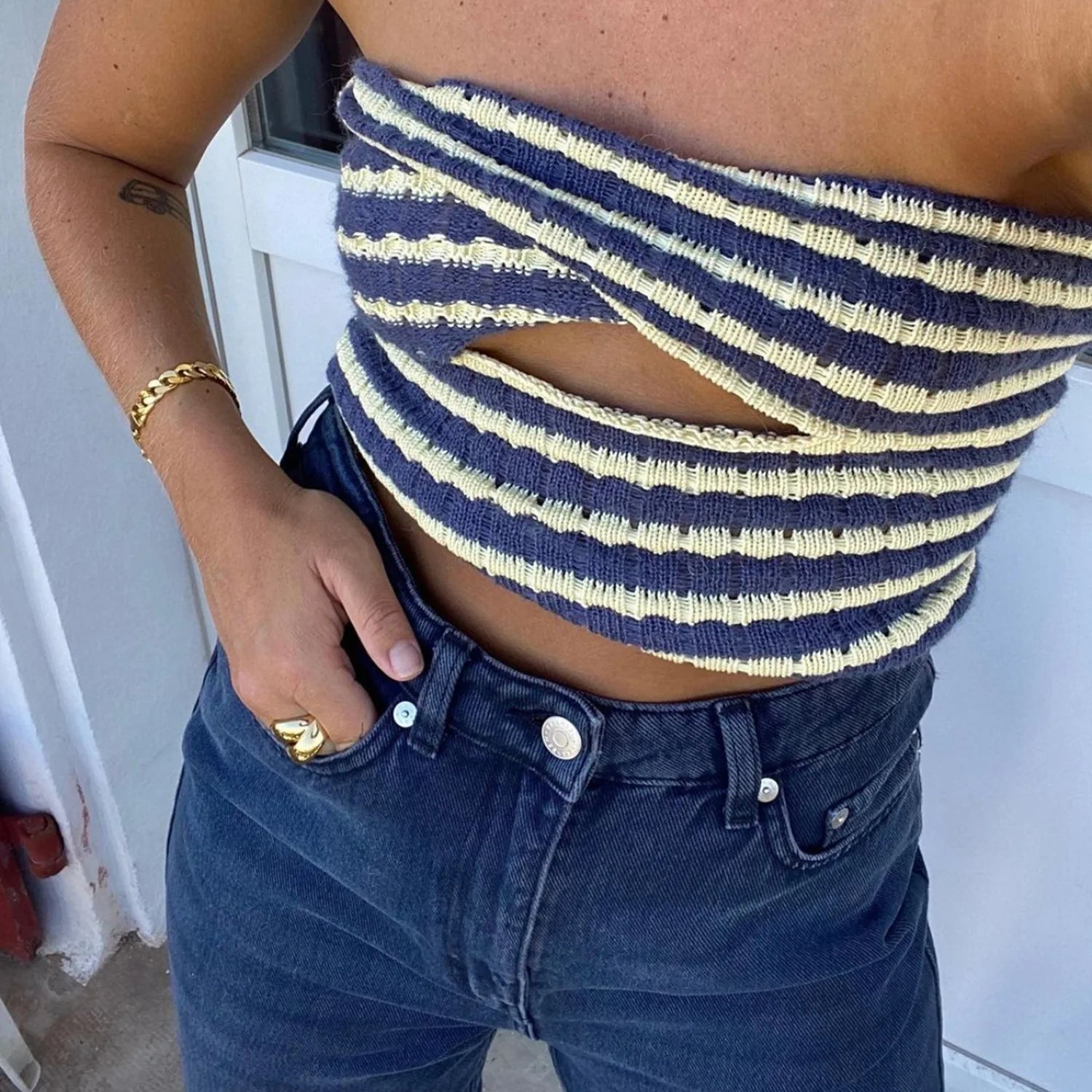 Striped Knitted Tube Top Women Off Shoulder Summer Sexy Strapless Bodycon Tank Crop Top Party Club Wear Camisole Yuqung