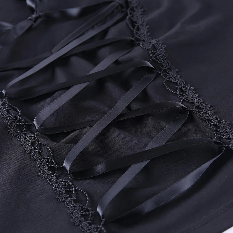 Vintage Tops Goth T-shirt Women Bodycon Bandage Lace Black T-shirts Gothic Streetwear Sexy Female Top Casual Mesh Tee