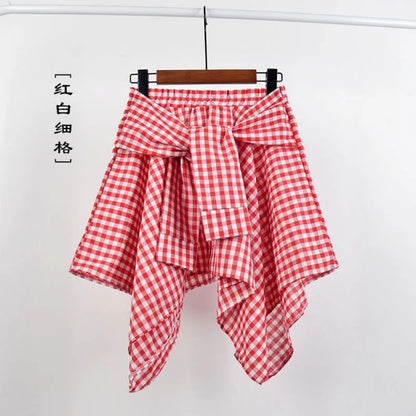 TOTRUST Fashion College Asymmetrical Skirt Women Summer Plaid Skirt Women Casual Students Fake Shirt Mini Skirt Female Saia 13 One Size