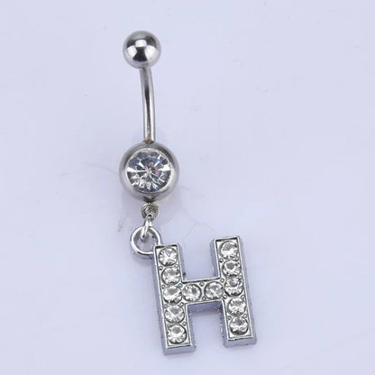 1Pc Letter Belly Button Ring Rhinestone Alphabet Pendant Navel Body Piercing Jewelry Silver Colour Nombril Piercing Gift Women H