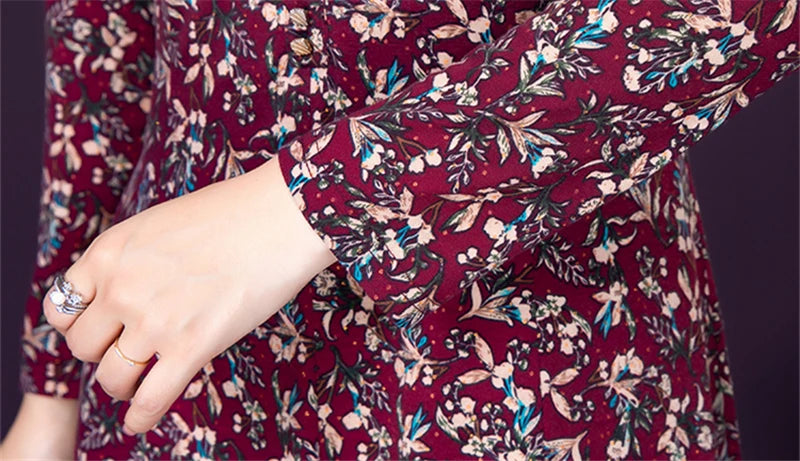 JiuMeiDai-Women's Elegant A-Line Polo Dress, Floral Print Robe, Vintage Designer Party Clothing, Office Lady, Autumn Badiee Stylez