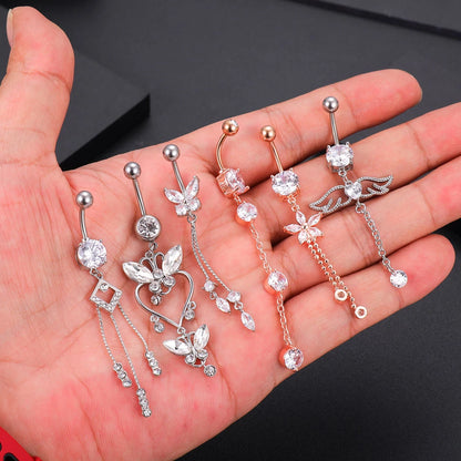 Zircon Crystal Belly Button Ring Dangle Wing Piercing Nombril Ombligo Surgical Steel Barbell Heart Round Navel Stud Body Jewelry