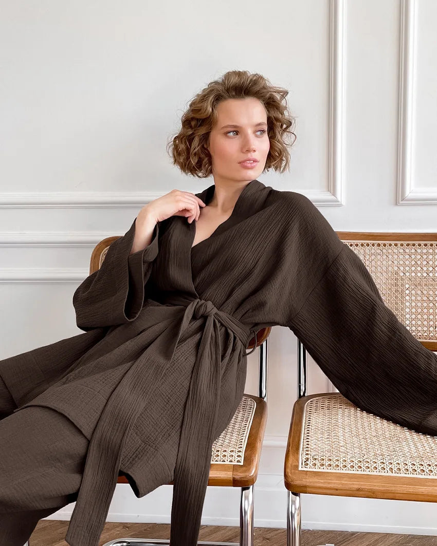 NHKDSASA Kimono Pajamas 2023 New 100% Cotton Crepe Long-Sleeved Trousers Ladies Sleepwear Suit Women's Home Service Mujer