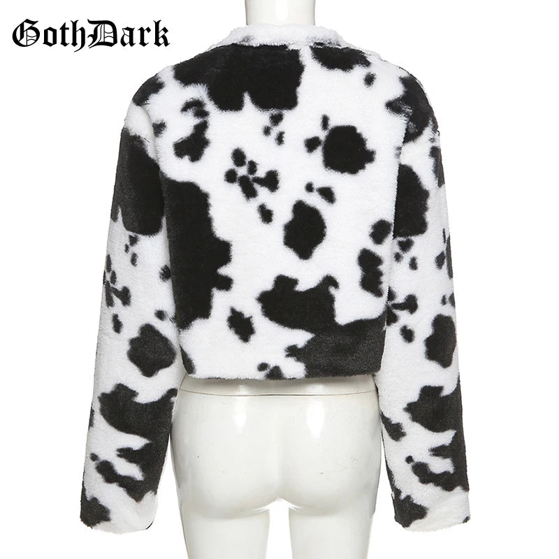 Goth Dark Punk Style Gothic Crop Faux Fur Y2k Coats Fashion Color Block Long Sleeve Women Cardigan Jackets Warm Streetwear 2023