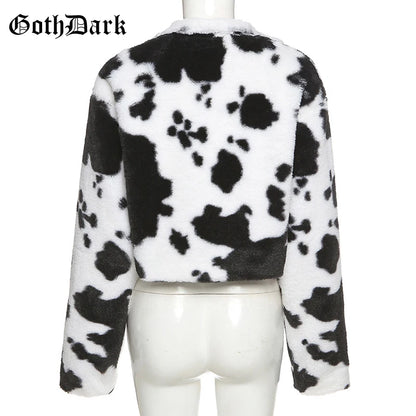 Goth Dark Punk Style Gothic Crop Faux Fur Y2k Coats Fashion Color Block Long Sleeve Women Cardigan Jackets Warm Streetwear 2023