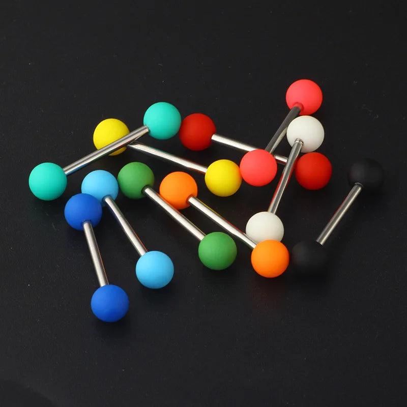6PCS Stainless Steel Glorious Tongue Ring Bulk 14G Nipple Piercing Bar Lot Glitter Tongue Piercing Set Barbell Piercing Jewelry Rubber 6PCS