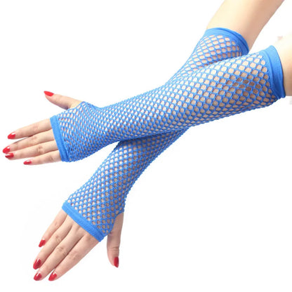 Women Fashion Neon Fishnet Fingerless Long Gloves Leg Arm Cuff Party Wear Fancy Dress for Womens Sexy Beautiful Arm Warmer Blue Length -26cm