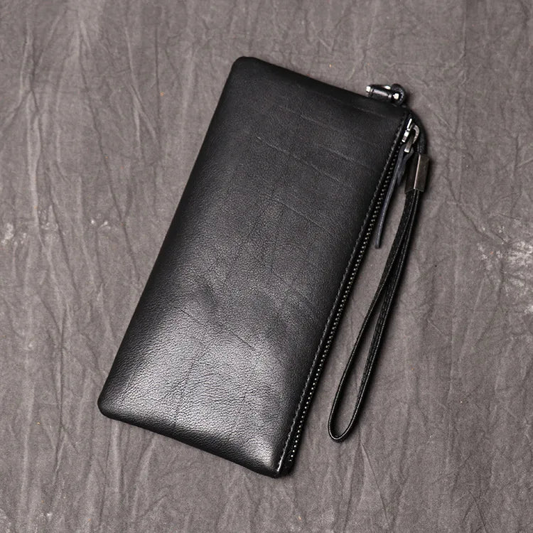 SIMLINE Genuine Leather Wallet For Men Male Real Cowhide Men's Long Zipper Slim Clutch Wallets Purse With Card Holder Phone Bag Black