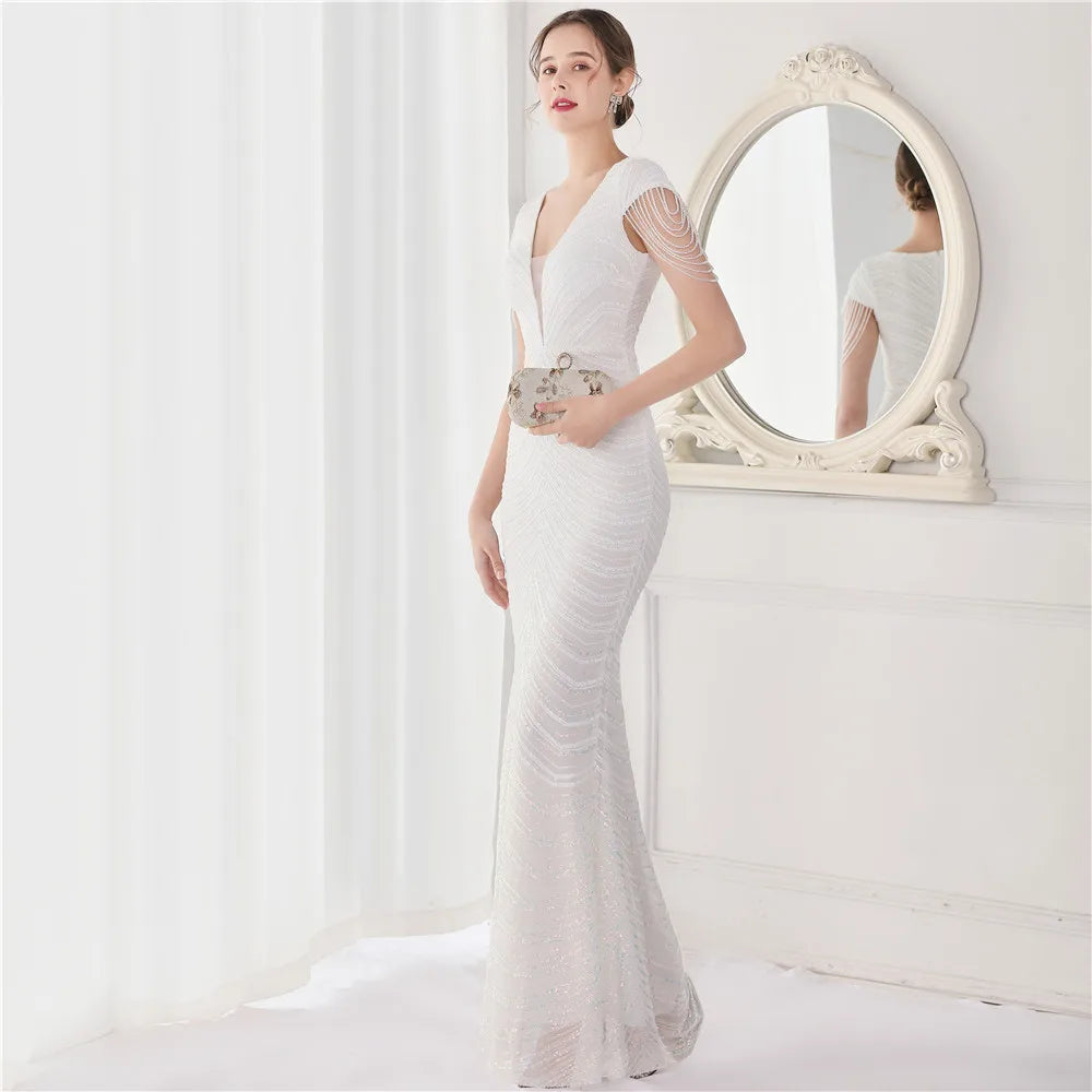 DEERVEADO Elegant V Neck Mermaid Evening Dress Long Luxury Beads Women Evening Party Dresses 2025 New Formal Dress 19085 Badiee Stylez