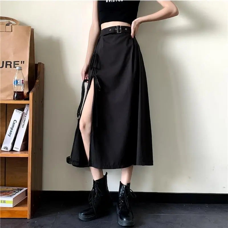 Vintage Dark Gothic High Split Mid-Calf Skirts Women Elegant Fashion Party Club High Waist Femme Bottom Streetwear Goth Skirt