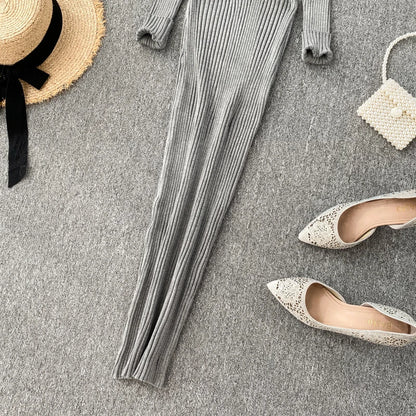 SINGRAIN Women Autumn Knitted Dress V Neck Sexy Slim Elastic Oversized Basic Bodycon Long Dress Winter knit Warm Sweater Dresses