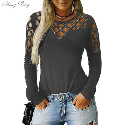 Fashion Hollow Bling Blouse Casual Sexy Rhinestone Solid Top Female Women Tops Long Sleeve Shirt Blusa Pullover 5XL V1755