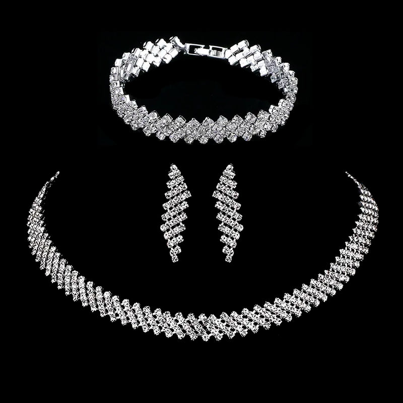 TREAZY Silver Color Rhinestone Crystal Bridal Jewelry Sets for Women Necklace Earrings Bracelet Set Wedding Jewelry Accessories style 14 Clear