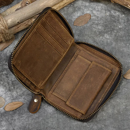 2023 New Short Wallet Men Women Vintage Fashion Card Holder Zipper Coin Purse Crazy Horse Leather Mens Slim Zipper Purse Wallet
