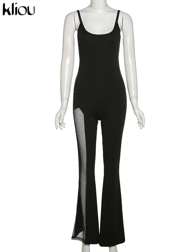 Kliou Shiny Silver Net Jumpsuit Women Fashion Patchwork Mesh Classic Style One Pieces Hipster Twinkle Sleeveless High Streetwear Badiee Stylez