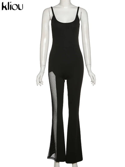 Kliou Shiny Silver Net Jumpsuit Women Fashion Patchwork Mesh Classic Style One Pieces Hipster Twinkle Sleeveless High Streetwear Badiee Stylez