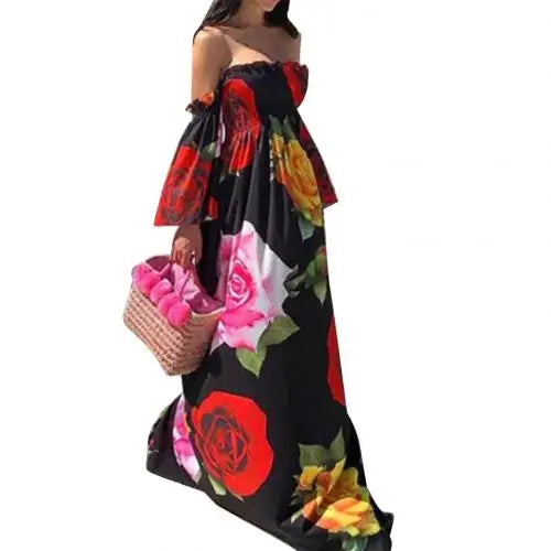 Hot Holiday Boho Women Off Shoulder Backless Flare Sleeve Floral Print Maxi Dress party Out of the ordinary Dress платье black